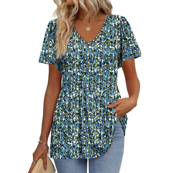 Top peplum OFEEFAN con cuello en V y manga corta, azul floral, 2XL, mujer