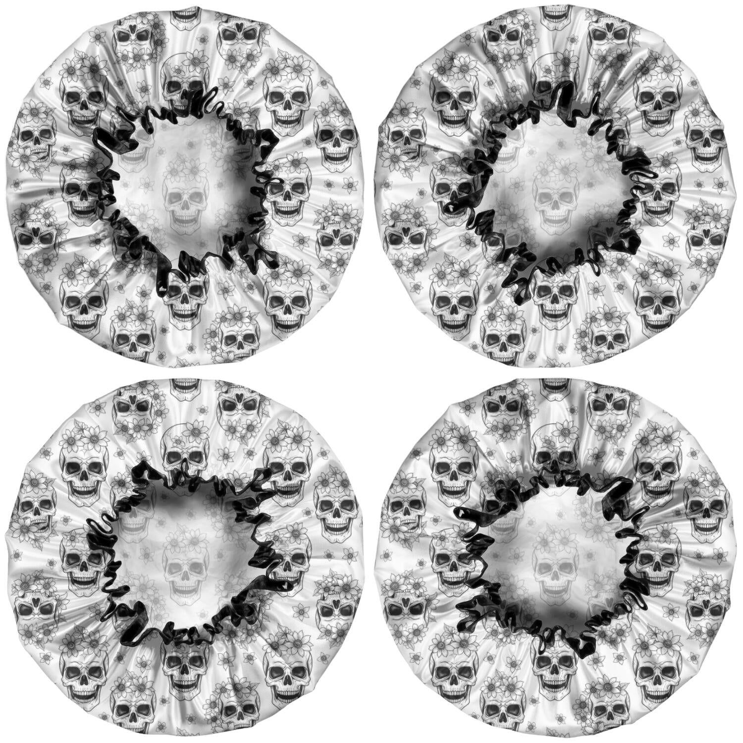 Shower Caps,White Floral Skull Pattern Waterproof Shower Cap for Women 4 Pieces,Double Reusable Hair Cover for Shower PEVA Elastic Stretch Hem