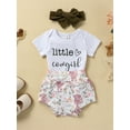 thumbnail image 3 of Bagilaanoe 3pcs Newborn Baby Girl Short Pants Set Short Sleeve Letter Print Romper Tops + Shorts + Headband 3M 6M 12M 18M Infant Casual Summer Outfits, 3 of 9