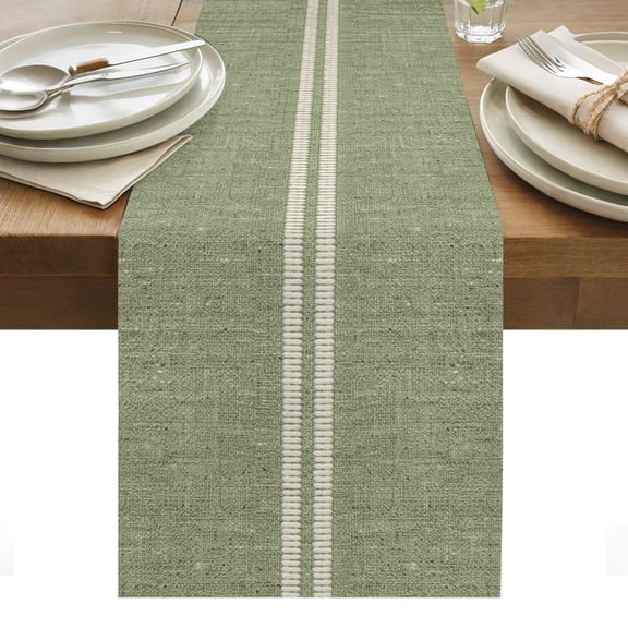 Cream Grain Line Table Runner, Sage Green Woven Canvas Style Romantic Country Washable Kitchen Table Runners Dress Scarves for Dining Table Decorations Party/Restaurant/Indoor Outdoor Use, 13x108in