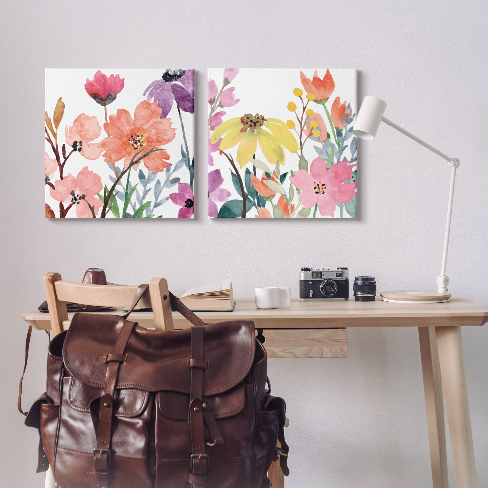 Stupell Industries Spring Florals on White Botanical & Floral Painting Gallery Wrapped Canvas Art Print Wall Art, 24 x 24, Set of 2