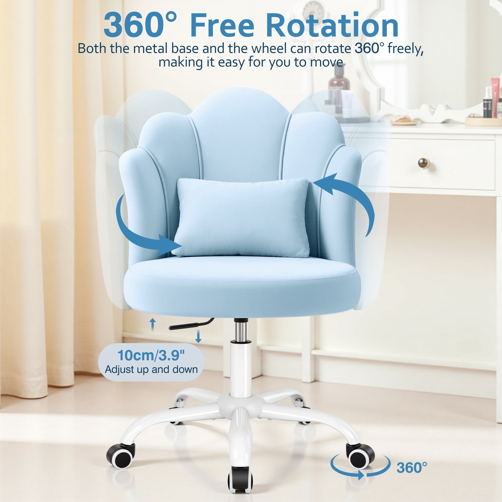 COOLHUT Vanity Chair, Velvet Petal Vanity Makeup Chair with Lumber Support, Home Office Desk Chair with Wheels, Height Adjustable Computer Work Chair for Bedroom, Living Room, Blue