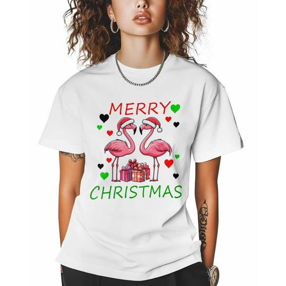 T Shirts for Women Short Sleeve Cotton Crewneck T-Shirt, Merry Christmas Pink Flamingos Love Heart Tee Tops Casual Basic T-Shirts, XS-5XL White XL