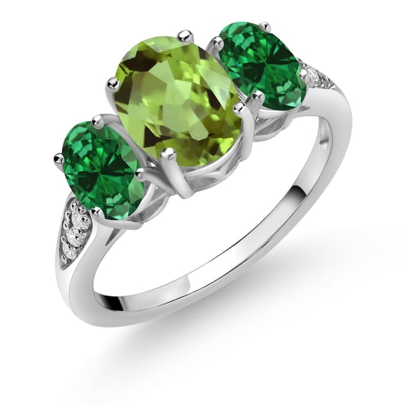 Gem Stone King 10K White Gold Green Peridot Green Created Emerald and White Lab Grown Diamond 3 Stone Engagement Ring for Women (2.16 Cttw, Gemstone Birthstone, Size 8)