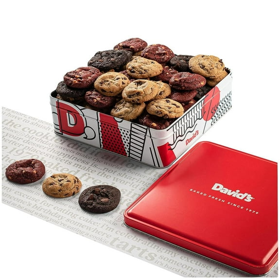 David's Cookies Freshly Baked Melt In Your Mouth Assorted Mini Cookies with Chocolate Chip, Chocolate & White Chocolate Chip & Red Velvet Cookies (Assorted Mini Cookies in Regular Tin - 1Lb)