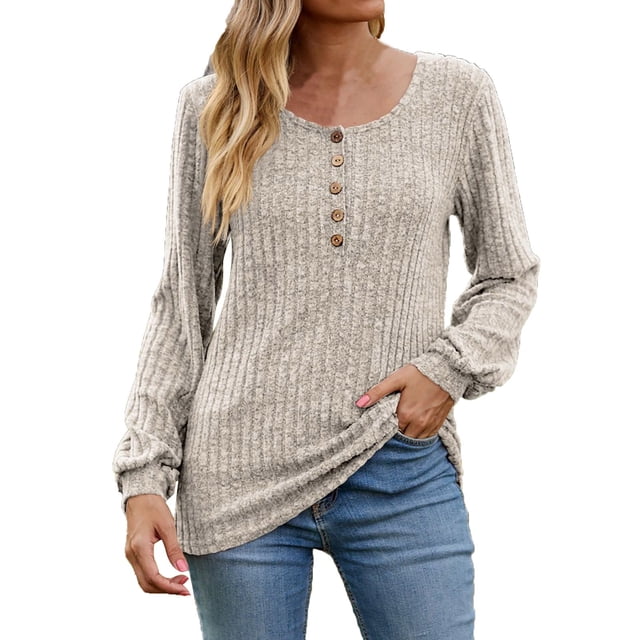 Staron Chemises à Manches Longues pour Femmes Bouton Uni Hauts de Mode d'Automne Tendance Col Rond Chic Décontracté Chandail Printemps Ample Hiver T-Shirts Chemise Cadeaux pour Amie pour Femmes