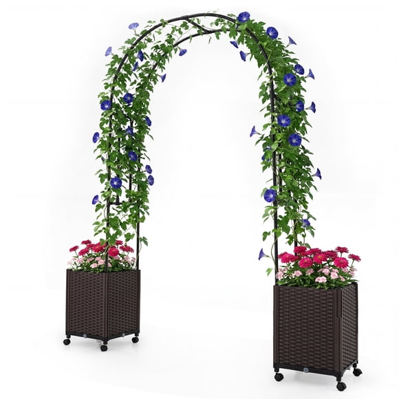Costway Treillis d'Arche de Jardin avec 2 Bacs à Plantes Auto-Arrosants, Roues Verrouillables pour Plantes