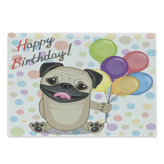 Birthday Cutting Board, Animal Dog Smiling Pug with Party Balloons Greeting Card Inspired Design, Decorative Tempered Glass Cutting and Serving Board, Large Size, Multicolor, by Ambesonne