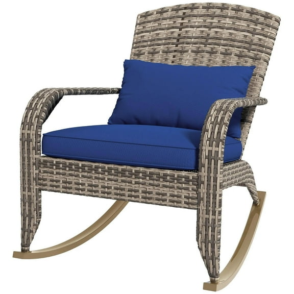 Resenkos Adirondack Chair, High-Back Outdoor Wicker Rocking Seat, with Cushion & Pillow, Dark Blue, Perfect for Porch & Balcony Relaxation,Dark Blue
