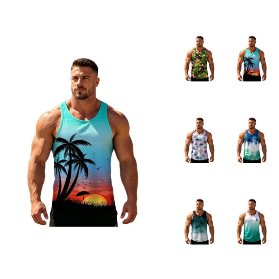 Beach Tank Tops for Men Summer Casual Crewneck Sleeveless Shirt Hawaii Tropical Vacation Tops