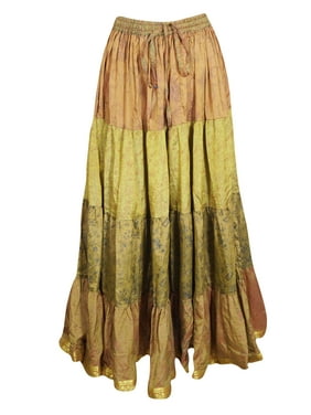 Mogul Women Green Maxi Skirt Full Flared Beach Summer Printed Boho Comfy Gypsy HIPPIE CHIC Long Skirts ML