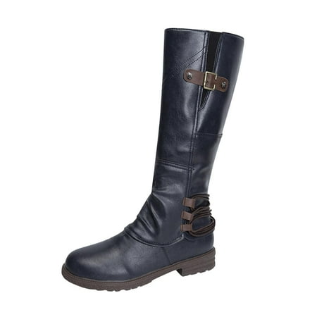 

Lilgiuy Women Shoes Retro Western Boots Casual Warm Low Heels Mid-calf BootsBlue 8.5 2022 Fall Winter
