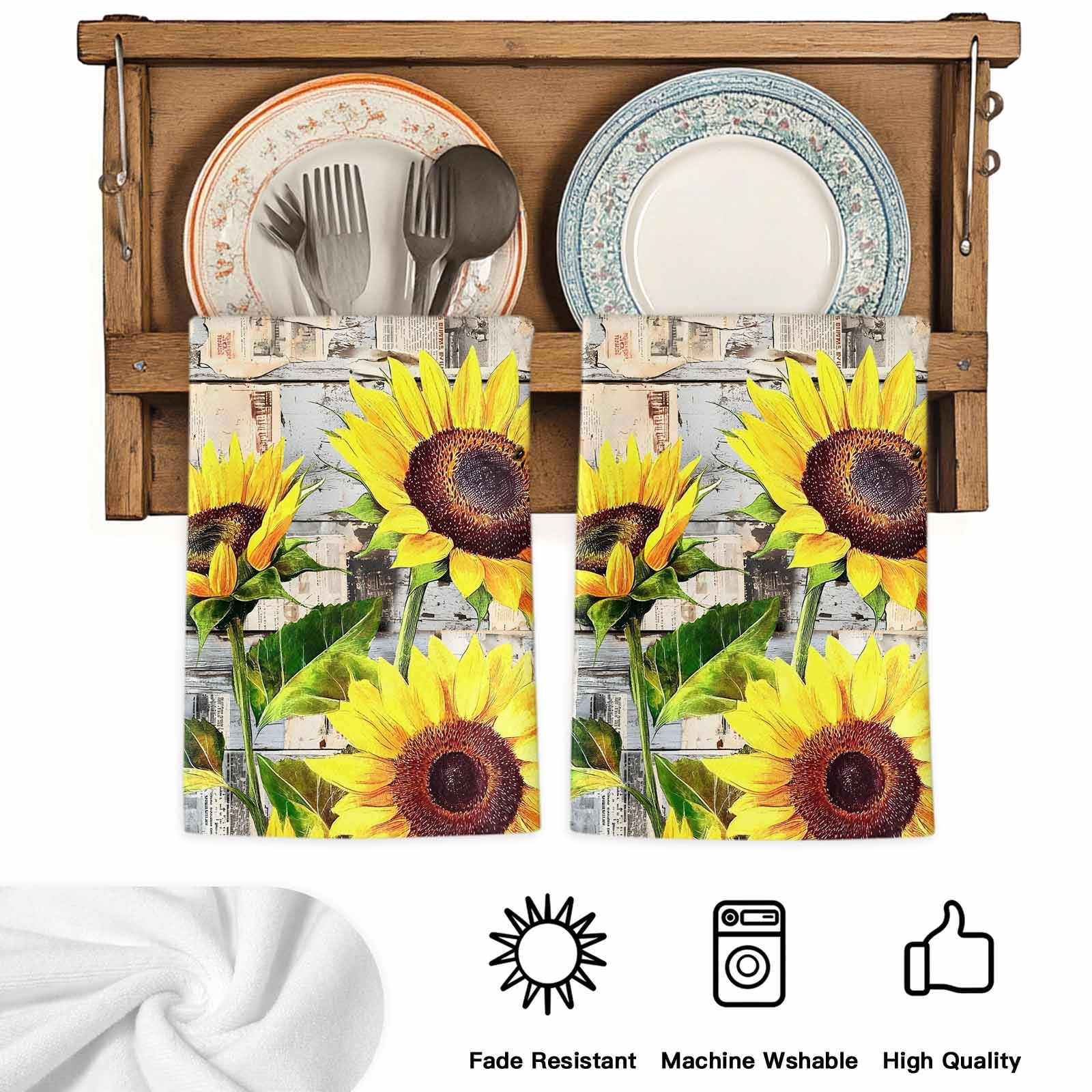 Sunflowers Kitchen Towels Set of 2, Botanical Floral Farmhouse Retro Wood Grain Absorbent Dish Towels for Kitchen, Microfiber Hand Towel, Quick Drying Tea Towel for Cleaning Decorative Dishcloths