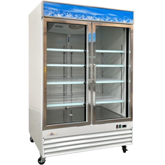 Commercial Reach in Refrigerator, 53" x 33" x 84", 45 Cubic Ft, 2 Glass Door, White Stainless Steel exterior, NSF Certified