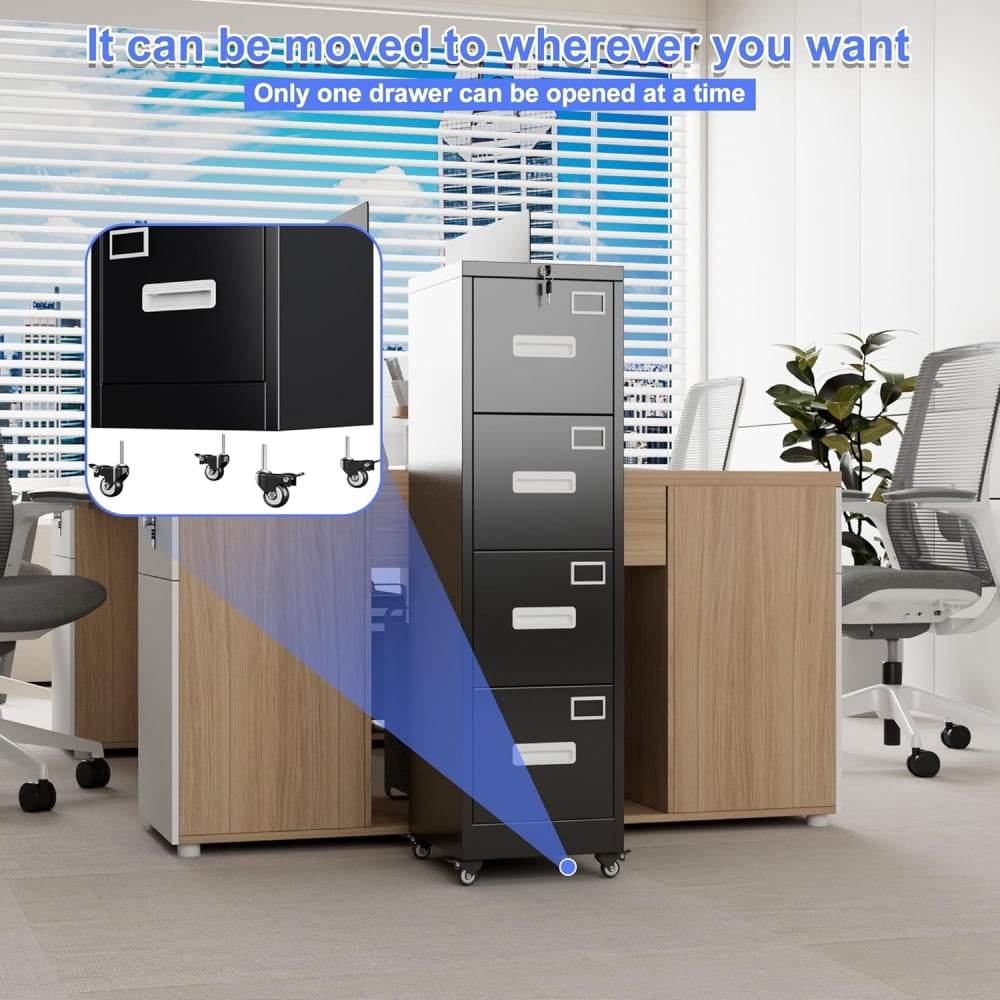 4 Drawer Vertical File Cabinet, Lockable Mobile Storage with Wheels, for Office & Home Use, Assembly Required, Black