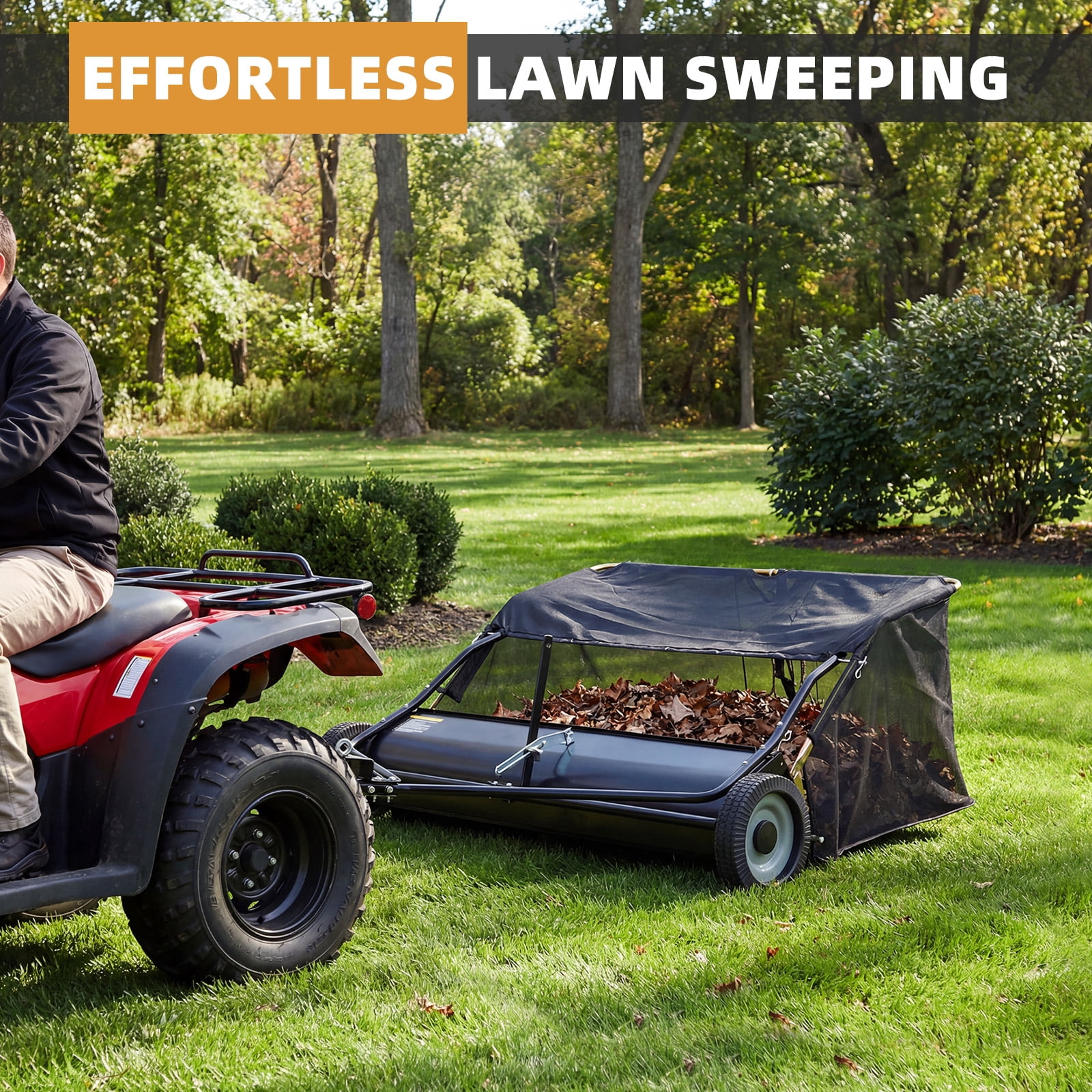 JFHID 42-Inch Tow-Behind Lawn Sweeper with14 Cu.Ft Large Hopper Pull Behind Grass & Leaf Collector for Yard