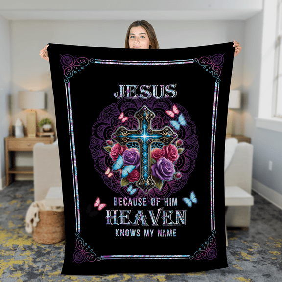 Lotusprinthandmade Jesus Because Of Him Fleece Blanket 2 Sizes (Made in US) (60"x50"), Faith-Inspired Blanket, Cozy Christian-Themed Throw