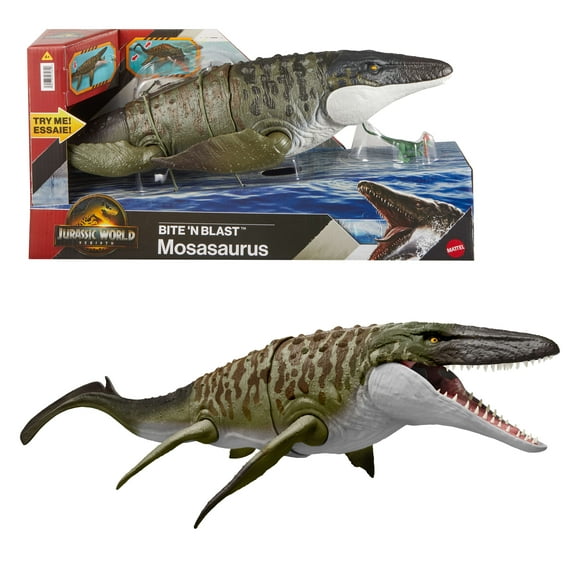 Jurassic World Rebirth Bite N Blast Mosasaurus Action Figure and Mini Dilophosaurus, Dinosaur Toy, Ages 4+