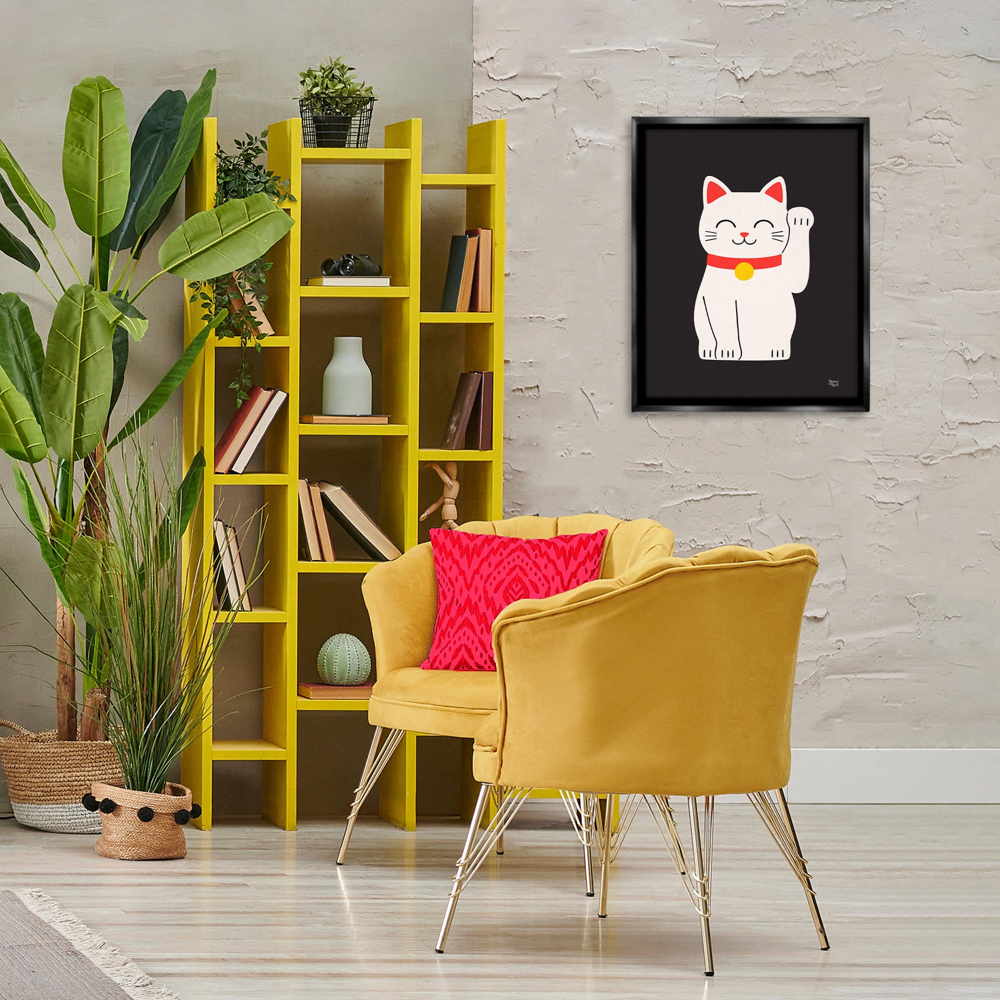 Stupell Industries Maneki Neko Lucky Cat Animals Painting Black Floater Framed Canvas Art Print Wall Art, 17 x 21