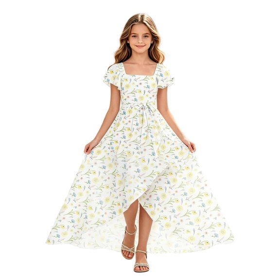 WRKEKC Dresses for Girls Flutter Sleeve Ombre Floral Print Pleated Fabric Waist Tie Swing Casual Summer Dress For Girls 3-10 Years