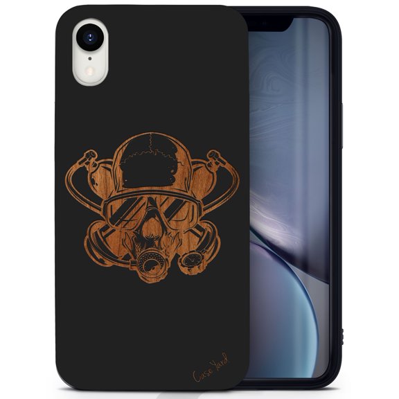 Wood phone case for iPhone XR compatible protective cell phone cover shockproof slim fit laser engraved Diver Skull design Black wood case for Men & Women by CaseYard