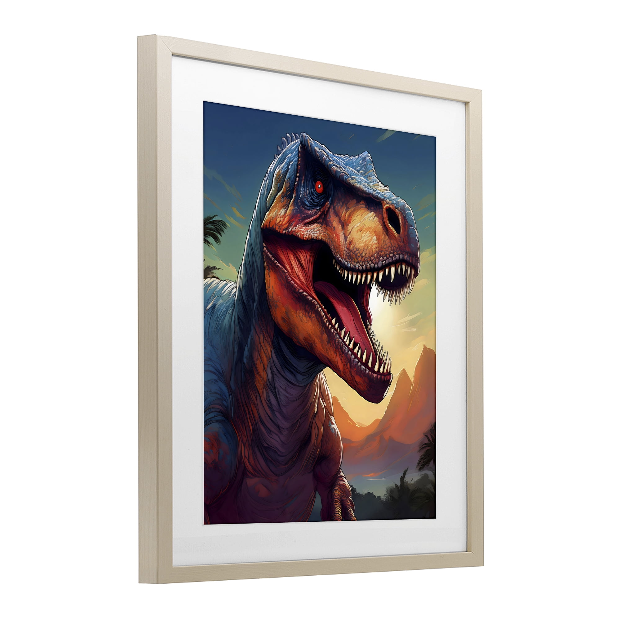 Stupell Industries Dinosaur with Sunset Landscape Birch Framed Print Under Glass, design by Creative Studio