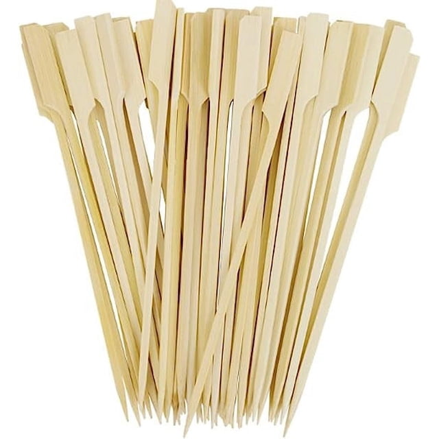 Nvzi Palillos de bambú de 6 pulgadas para parrilla de barbacoa, 100 piezas de palillos de madera planos anchos, brochetas cuadradas, palillos de dientes para aperitivos y alimentos