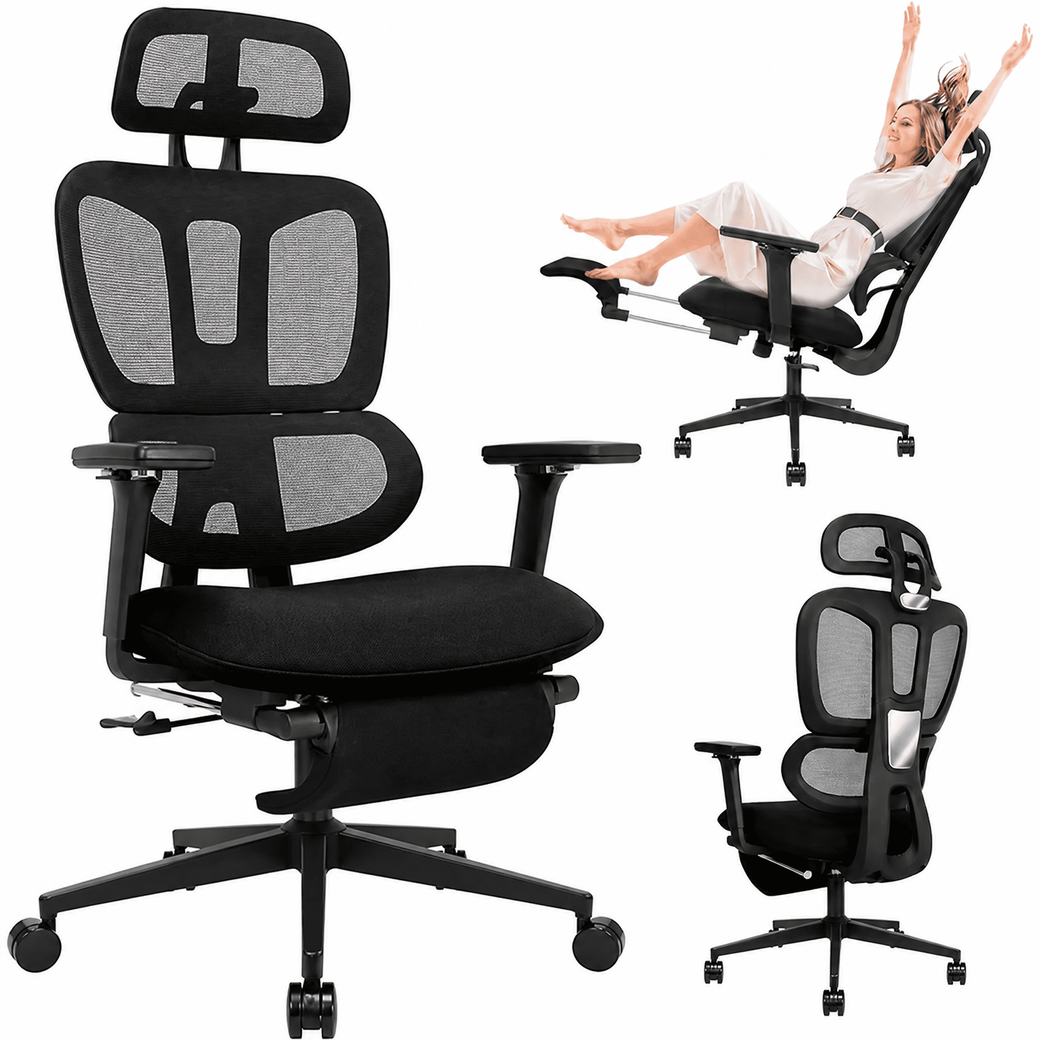 Ergonomic High Back Mesh Office Chair with Retractable Footrest, 2D Headrest & 4D Armrest, 90°-135° Reclining Sponge Cushion Computer Desk Chair