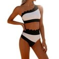 thumbnail image 3 of Pounoo Womens Two Piece Swimsuits One Shoulder Scalloped Edge Color Block High Waisted Bikinis Retro Beach Swimwear Gift, 3 of 5