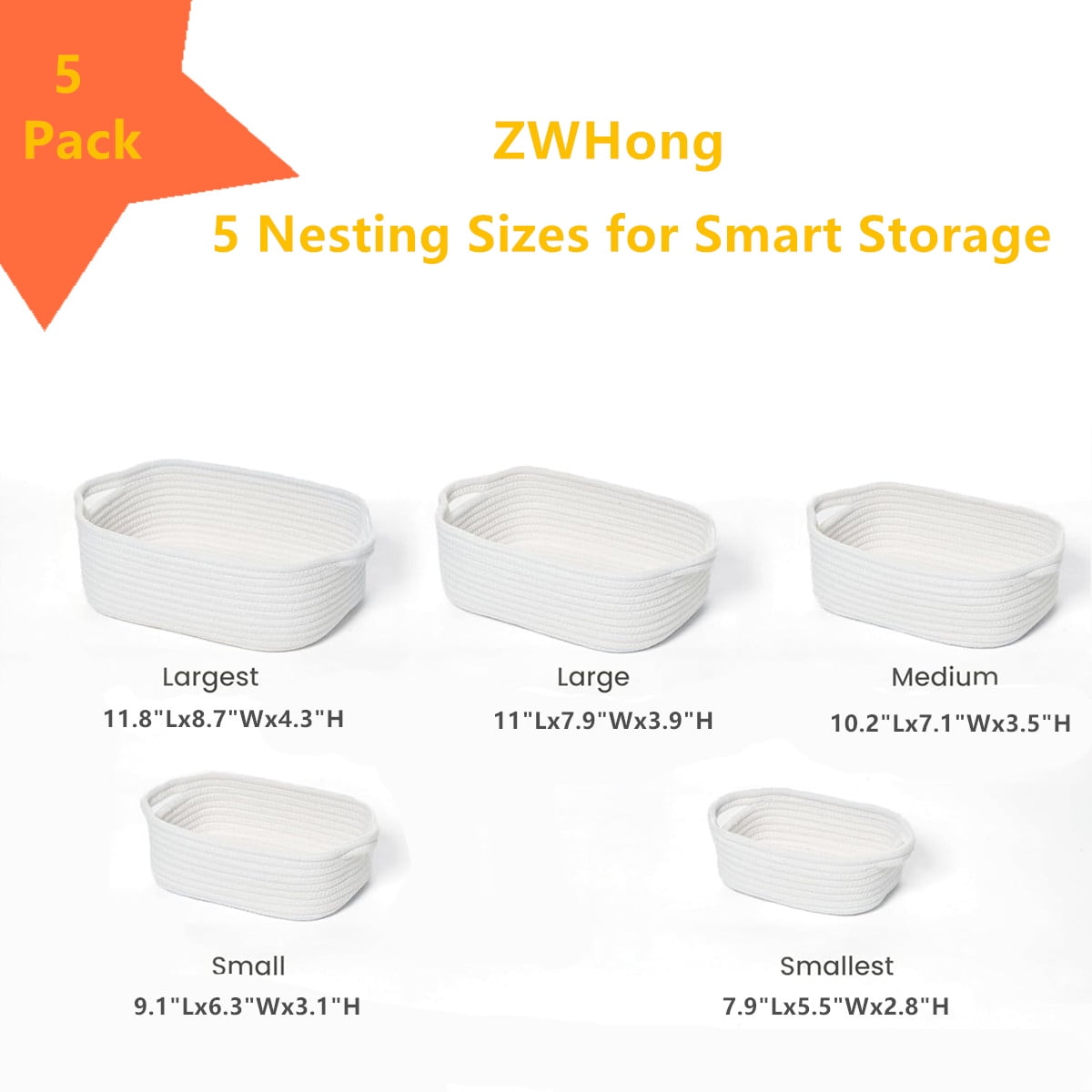 ZWHong 5-Piece Small Woven Basket Set, Natural Cotton Rope Storage Bins with Handles, Organizing Baskets for Bathroom, Nursery, Shelves, Gifts, (White)