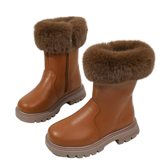 QQAMB Fuzzy Snow Boot for Girl Winter Thermal Fashion Side Zip Up Shoes Mid Calf Chunky Bottom PU Leather Little Kids Boots
