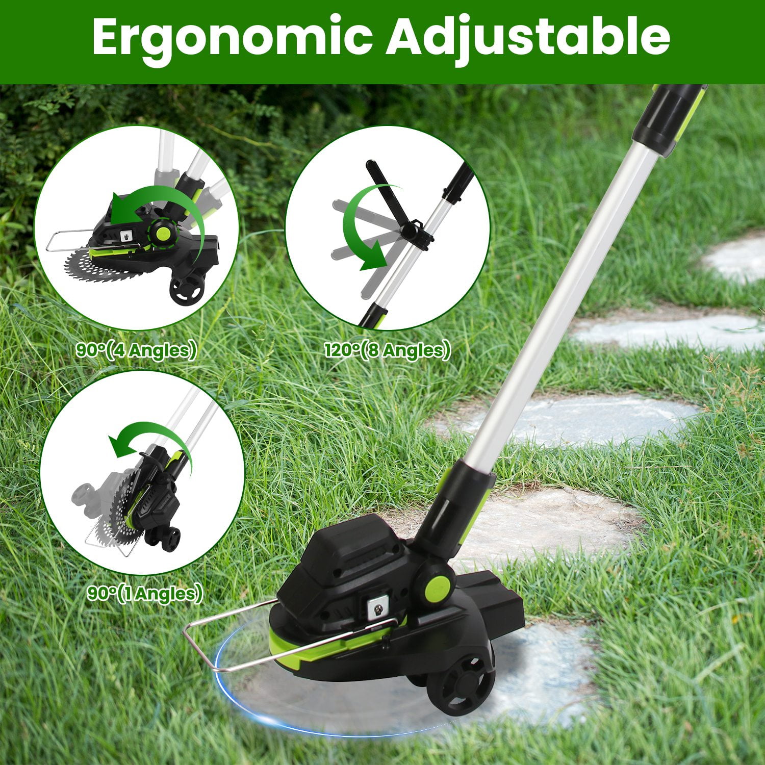 Moclever 21V Electric Weed Edger 16800RPM Cordless String Trimmer with 2Pcs 3000mAh Batteries 3.6-4.6ft Length 90° Rotatable Angle Saw Blade Steel Blade String Blade