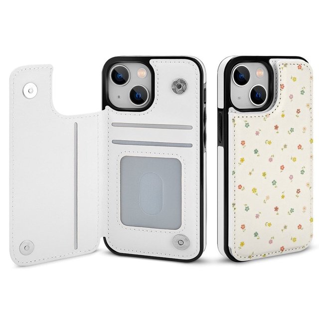 Funda tipo cartera con diseño floral para iPhone 14, tarjetero, tapa trasera tipo libro de piel sintética con función atril, ranuras para tarjetas, cierre magnético doble, antigolpes.