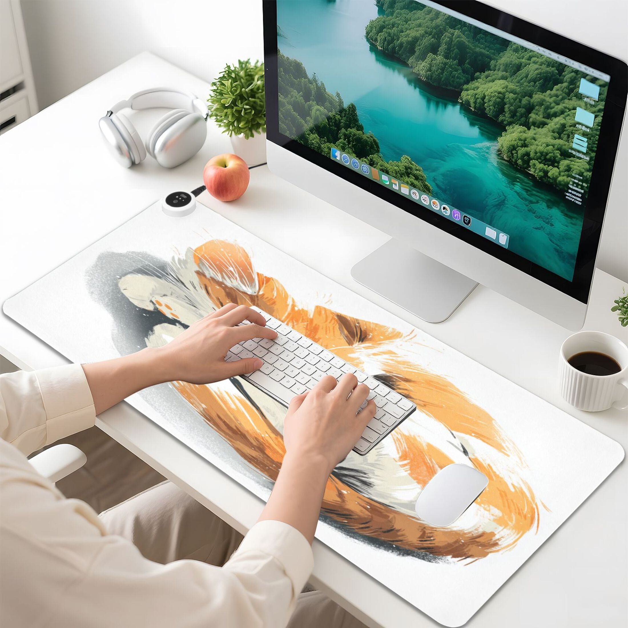 Large Heated Desk Mat Mouse Pad 31.5"x13"PU Leather Graphene Heating Desk Warmer with 3 Temperature Settings 110V US Plug Non-Slip Warm Pad for Home, Office, and Gaming Adorable Orange Cat Asleep