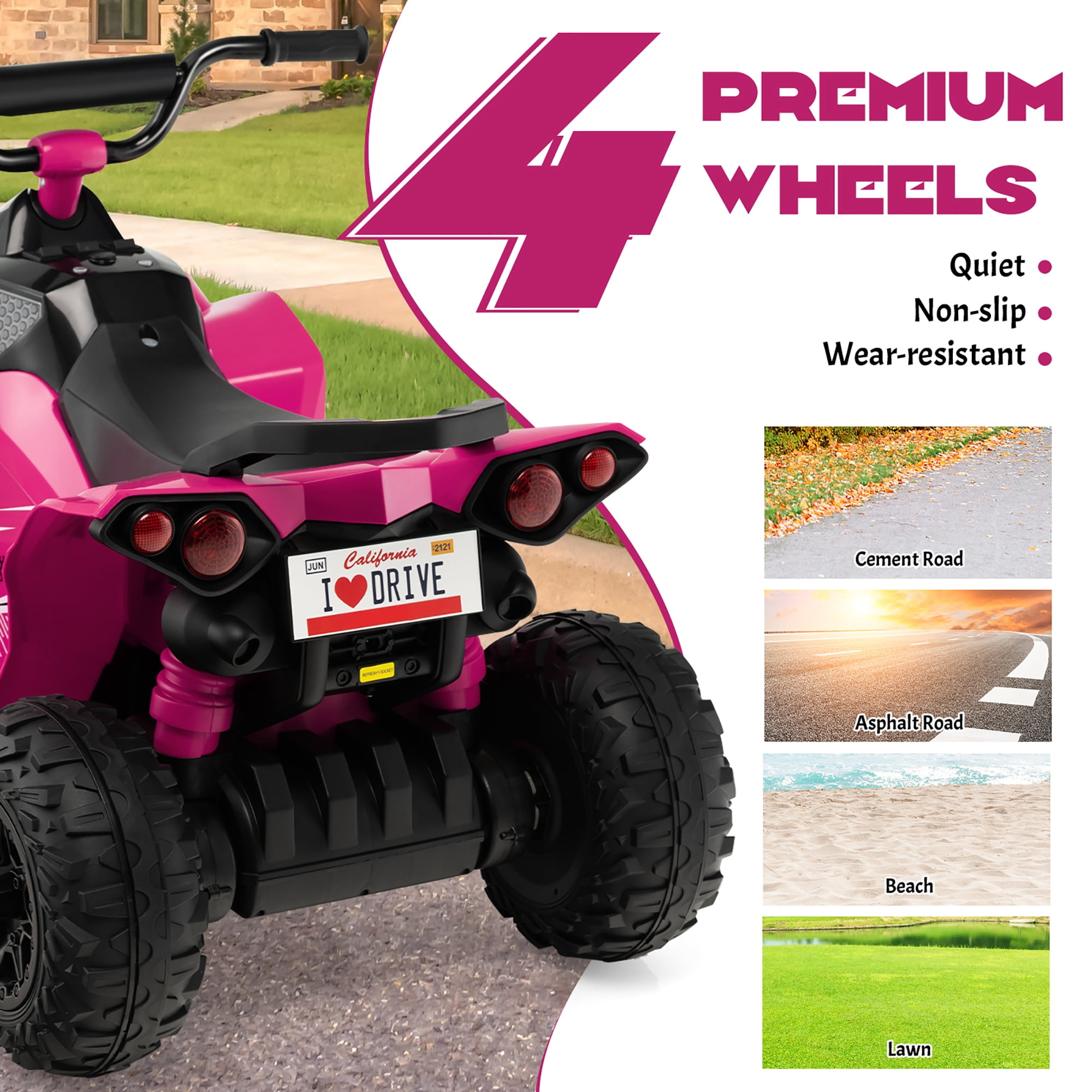 Costway 12V Battery Powered Kids Ride On ATV Electric 4-Wheeler Quad Car with  MP3 & Light Pink