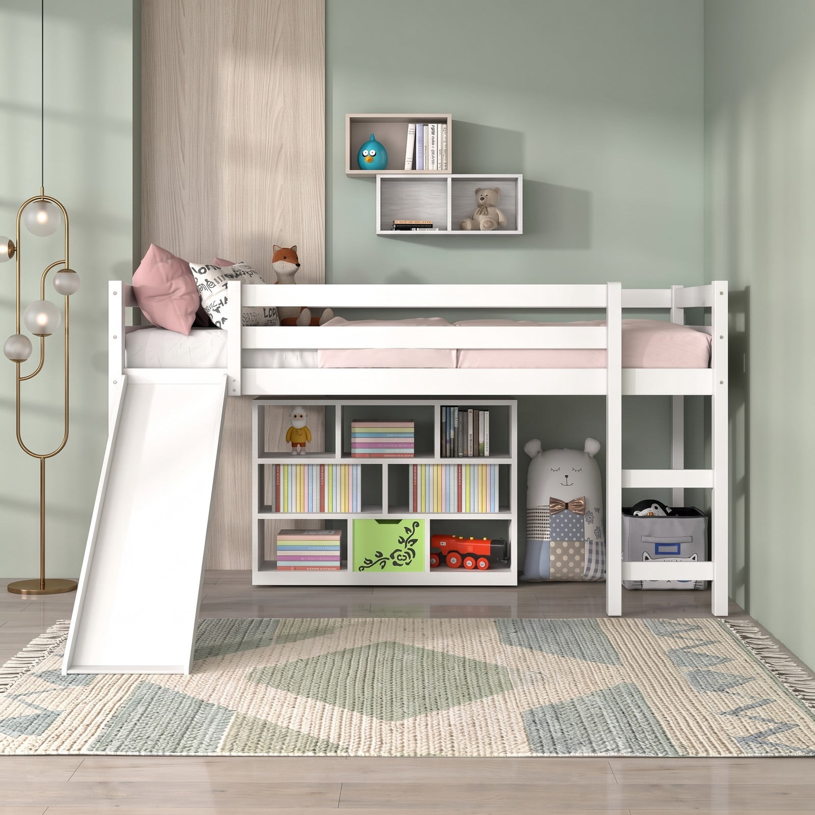 Furnibear Twin Size Low Loft Bed with Slide and Ladder for Kids Bedroom, Sturdy Wood Loft Bed Frame with Guardrails, Space-Saving, White