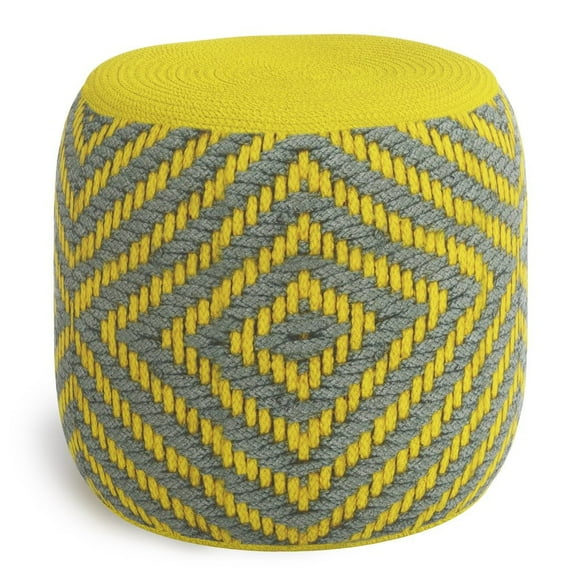 Simpli Home Kent Contemporary Round Round Woven Outdoor/ Indoor Pouf in Grey and Yellow Recycled PET Polyester