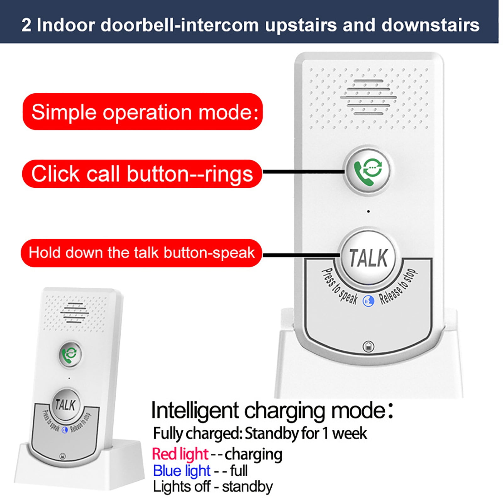 Foqnuq Wireless Voice Intercom Doorbell 1000m Range Two-way Intercom Rechargeable Long Standby 1-8 Floors Home Security System