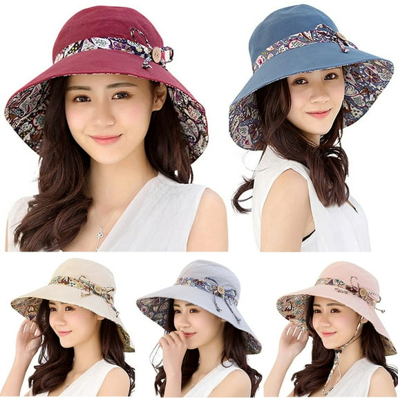 Womens Reversible Foldable Cotton Floppy Sun Hat, Summer UPF 50  UV Protection Beach Hat Wide Brim Cap