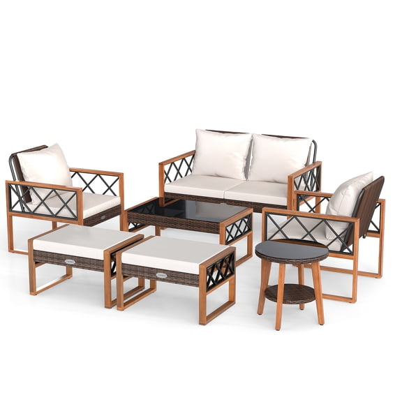 Gymax 7 PCS Patio PE Wicker Furniture Set w/ Ottomans Cushions & Tables Chair Couch Outdoor Brown