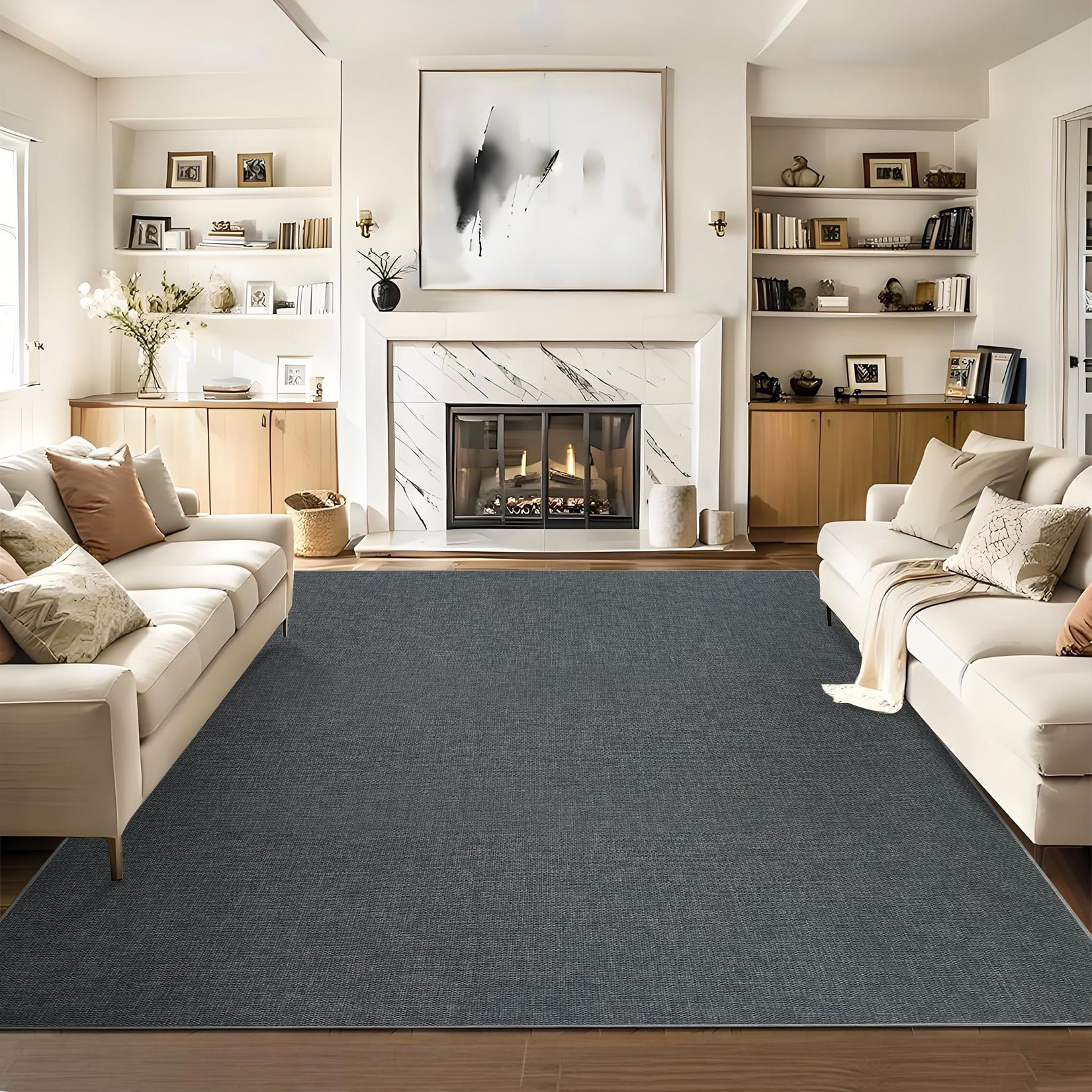 Garvee 8'x10' Modern Solid Color Area Rug Minimalist Woven Textured Carpet, Washable Rug Non Slip Low Pile Indoor Mats for Living Room Bedroom Dining Room, Black Gray