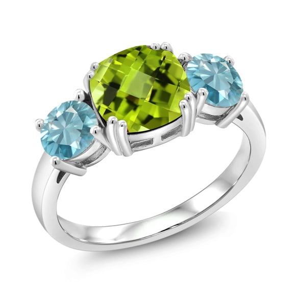 Gem Stone King 925 Sterling Silver Green Peridot and Blue Zircon 3 Stone Engagement Ring for Women (4.23 Cttw, Gemstone August Birthstone, Cushion Checkerboard 8MM, Size 6)