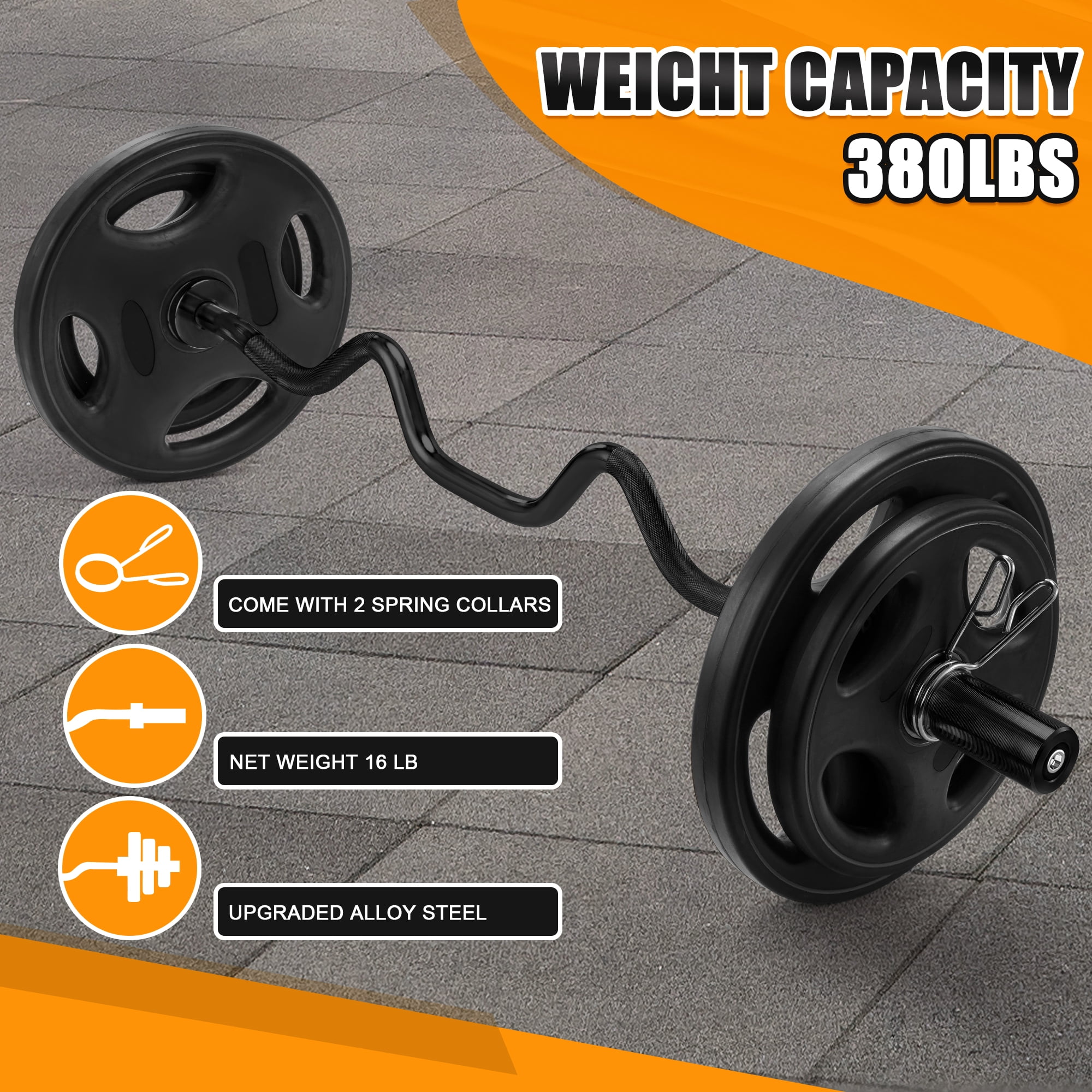FIXTECH 47" Olympic EZ Curl Barbell Bar for Strength Training, Alloy Steel, Center knurl, Suitable for 2 inch Weight Plates, Black