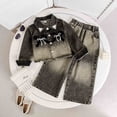thumbnail image 2 of LEKWK 2-Piece Denim Set for Little Girls Gradient Wash Jean Jacket Rhinestone Bow Pocket Wide Leg Jeans Edgy Fashion Outfit Fall Trendy Stylish, 2 of 6