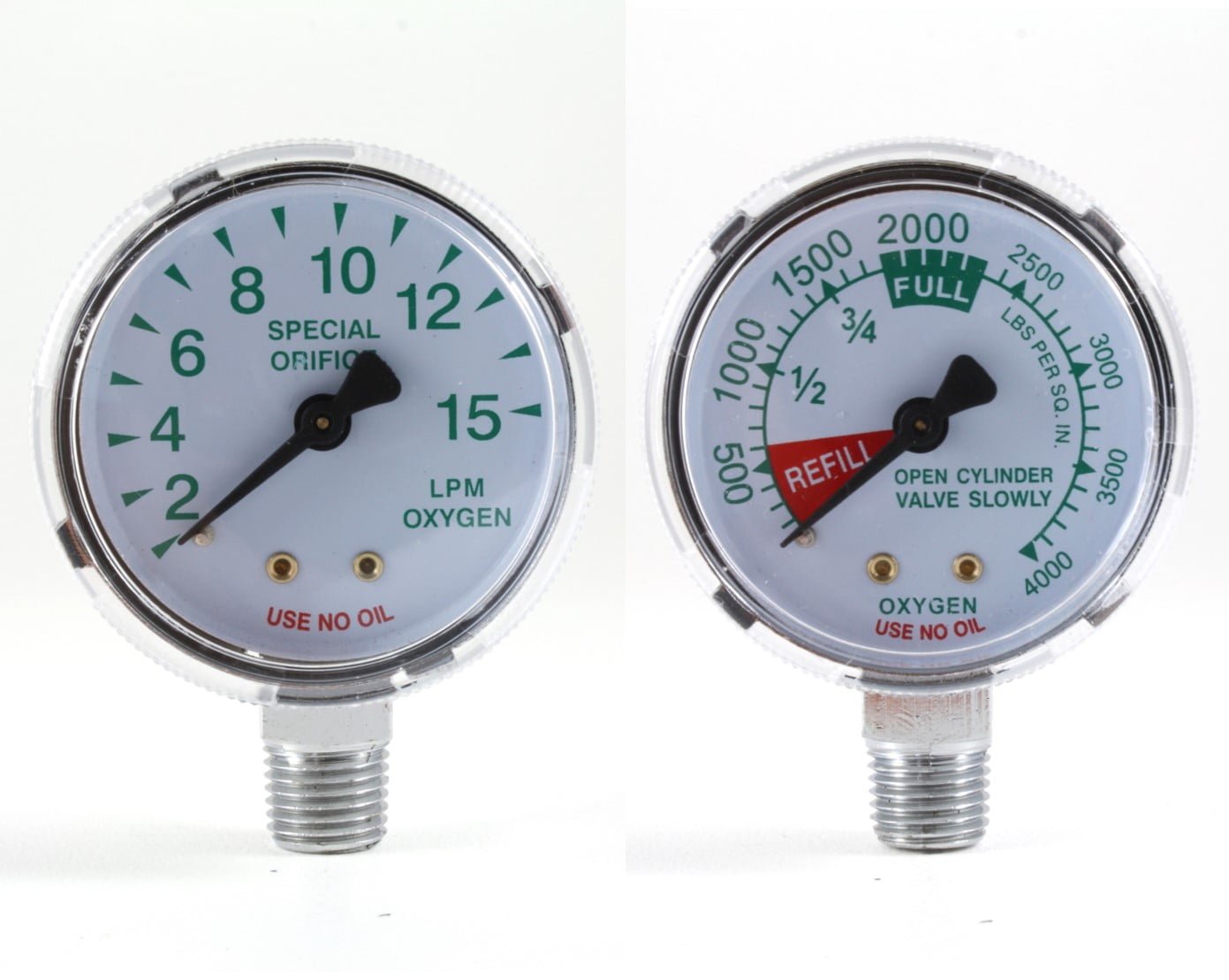0-4000 psi and 0-15 LPM Gauges for Oxygen Regulator - 2.5 inches (PAIR