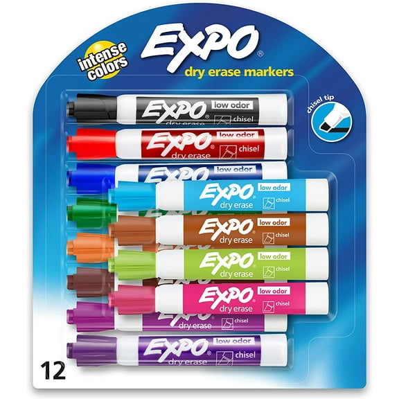 EXPO Low Odor Dry Erase Markers, Chisel Tip, Assorted Colors, 12 Count