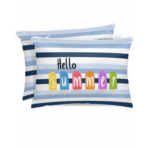 Hokiten King Size Pillow Cases Set of 2, Pillow Covers for Bed, Hello Summer Satin Pillowcases with Zipper for Hair/Skin, Watercolor Blue Striped Colorful Ice Cream 20x36 Inches