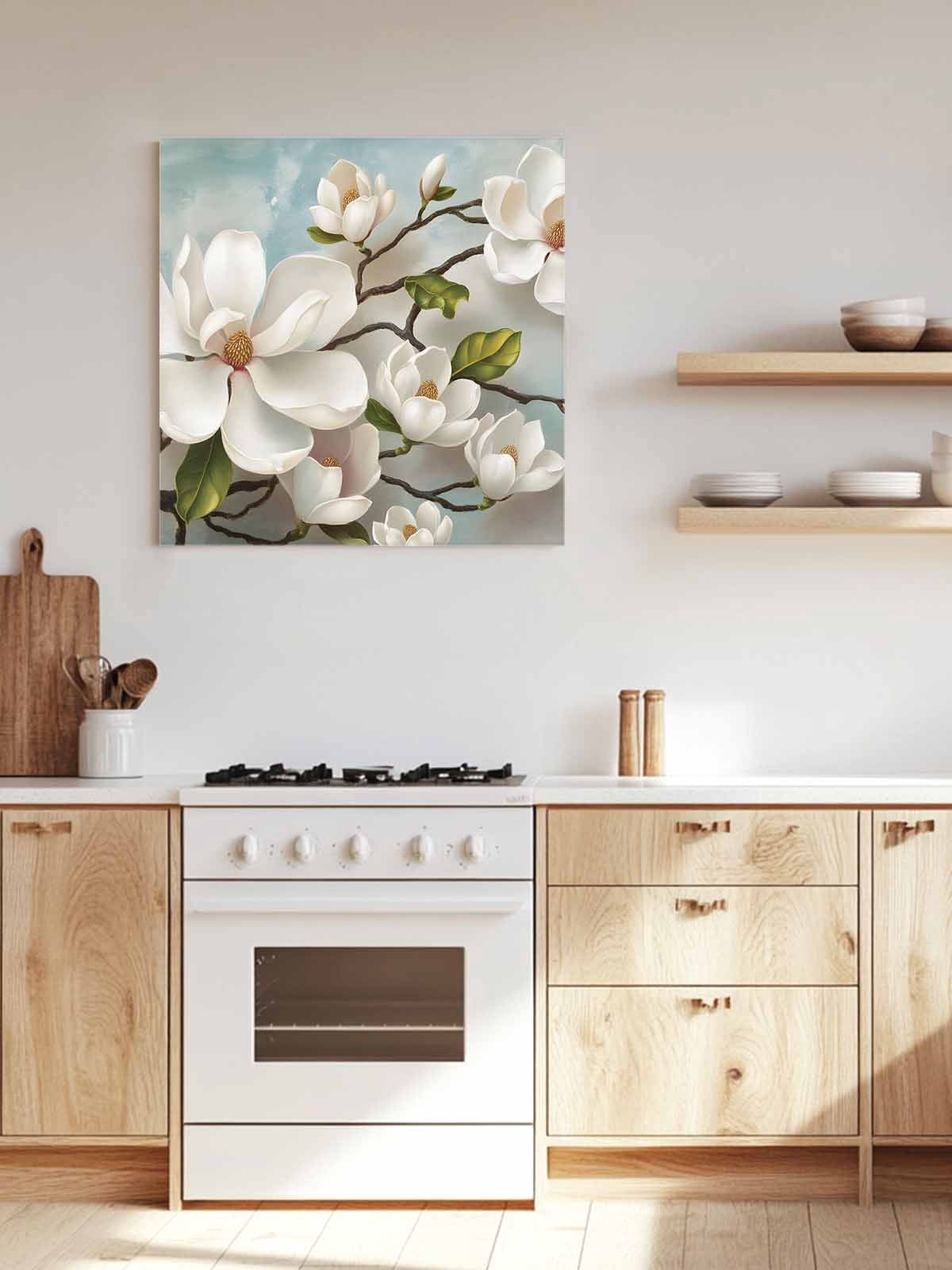 Magnolia Farmhouse Canvas Wall Art, White Floral Vintage Pastoral Botanical Framed Wall Decor Modern Artwork Prints Painting for Living Room, Bedroom, Kitchen & Cafe Decor 28x28 Inch