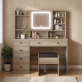 thumbnail image 2 of Hassch 47.2" Large Vanity Desk with Lighted Mirror Cabinet and Charging Station, Makeup Dressing Table with Hooks, Glass Top and Cushioned Stool, Open Shelves and 5 Storage Drawers, Gray, 2 of 6