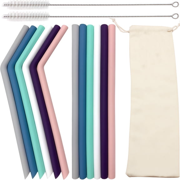 Casewin Set of 12 Silicone Drinking Straws for 30oz and 20oz Cups Tumblers- Reusable Silicone Straws BPA Free Extra Long with Cleaning Brushes- 6 Straight 6 Bent- 9mm Diameter
